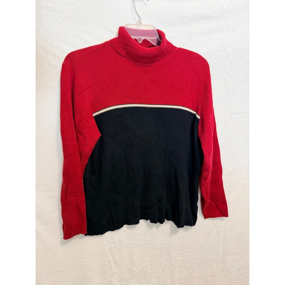 Karen Scott II Red Black Colorblock Ribbed Turtleneck Cotton Sweater 2X